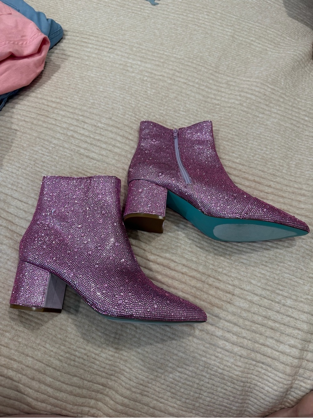Betsey Johnson Glittery Pink Block Heel Ankle Boots